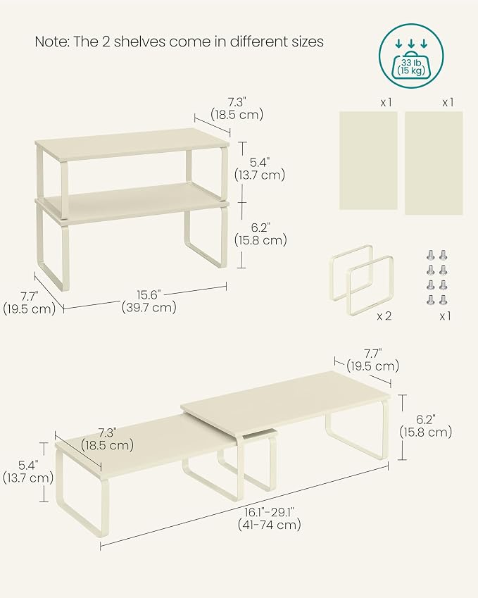 SONGMICS Cabinet Organizer Shelf, Set of 2 Kitchen Counter Shelves, Kitchen Storage, Spice Rack, Stackable, Expandable, Metal and Engineered Wood, 15.6 Inches, Cream White UKCS200W02 - Image 6