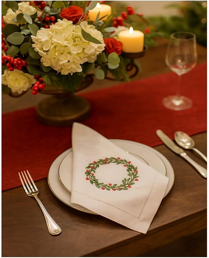 Embroidered Cotton Napkins Christmas 20x20 (Holly Wreath Christmas) - Image 7
