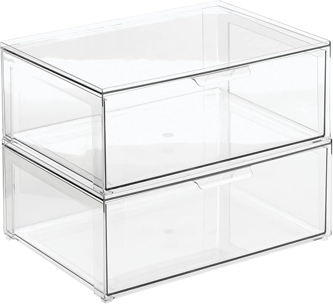 mDesign Plastic Stackable Bathroom Storage Organizer Bin Containers with Front Pull Drawer for Bathroom Countertop, Vanity, Closet Shelves - Holder for Accessories - Lumiere Collection, 2 Pack, Clear - Image 9