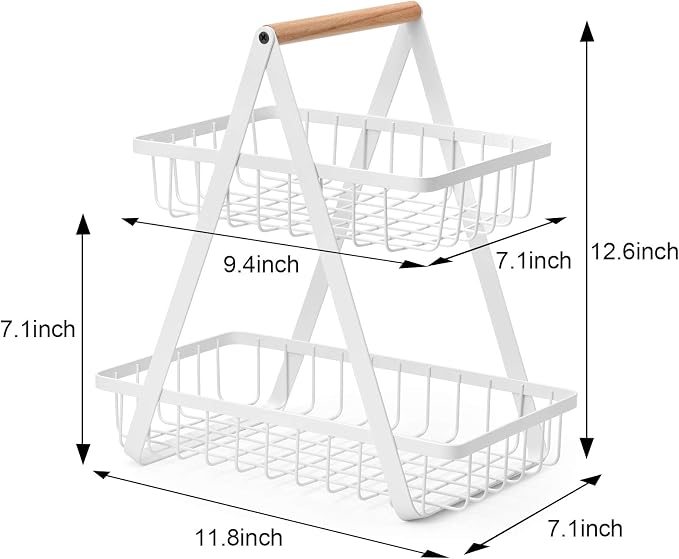 2-Tier Fruit Basket, Metal Fruit Bowl Bread Baskets Countertop Vegatable Storage Stand for Kitchen, White - Image 7