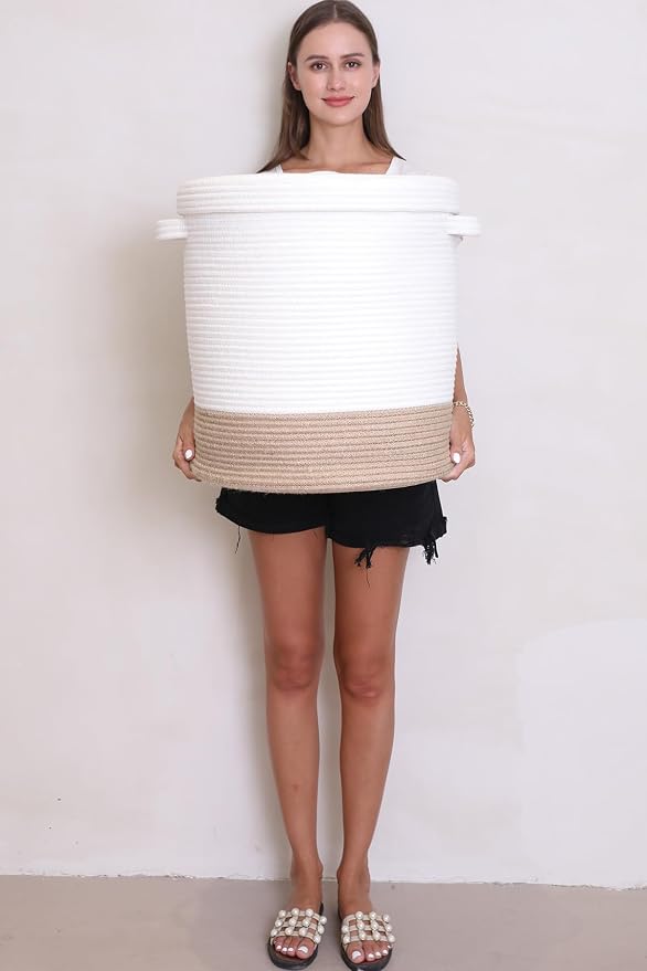 16x18 Inch Extra Large Round Cotton Rope Storage Basket with Lid, Decorative Woven Bin with Cover for Living Room Bedroom Closet, White & Jute - Image 7