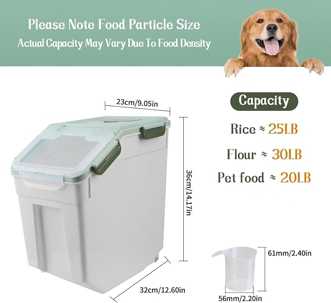 25LB Large Flour Storage Container Bin,Green Airtight Plastic with Wheels Seal Locking Lid Dispenser Organizer Storage Bin with Measuring Cup & Scoop for Flour, Rice, Grain,Set of 4 - Image 7
