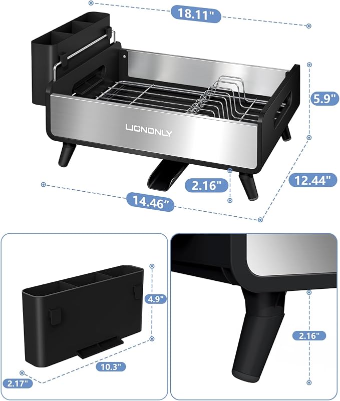 Dish Drying Rack, Thicker Premium Aluminum Frame and 304 Stainless Steel Plate Rack for Kitchen Counter, Automatic Drainage Spout, Dish Drainer & Drainboard Set with Utensil Holder, Black - Image 7