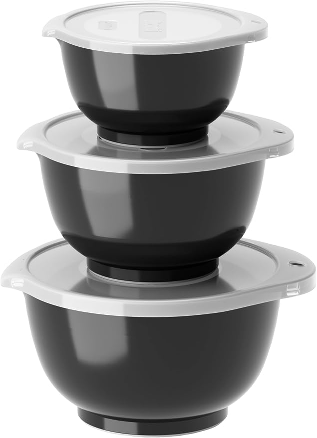 Rosti Margrethe Bowl Set, Mixing Bowl Set, 6 Pieces with 3 Mixing Bowls and 3 Lids, Made of Recyclable Plastic, 0.25 Litres, 0.5 Litres and 0.75 Litres, Carbon Black by Rosti