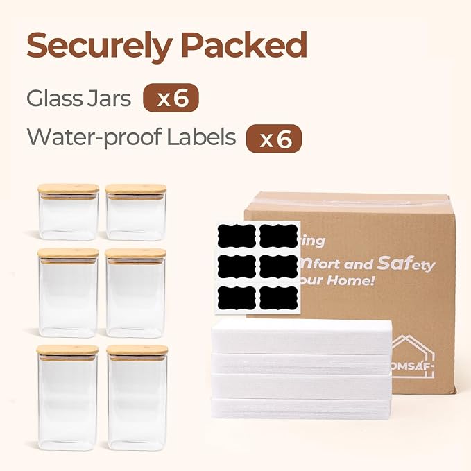 ComSaf Glass Pantry Storage Containers (0.7qt/1.2qt/1.6qt) Set of 6 Jars | Glass Storage Containers With Lids, Rectangle Glass Canisters With Airtight Lids For Kitchen, Spices, Tea, Coffee, BPA Free - Image 8