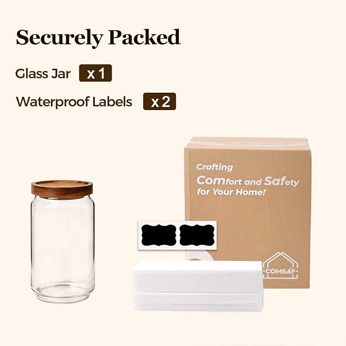 ComSaf Glass Jar with Acacia Wood Lid 34oz 1Pack, Food Storage Container | 1.1Qt Canister, Oats Coffee Sugar Pasta Candy Cookies Nut, Kitchen Pantry, Decorative, Countertop Display, Food-Grade, Label - Image 9