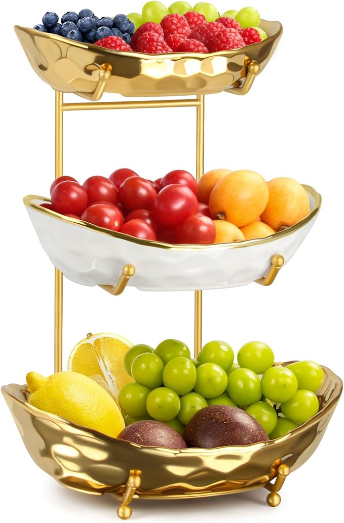 Fruit Bowl for Kitchen Counter, Tiered Fruit Basket for Countertop, 3 Tier Ceramic Fruit Basket with Metal Stand, Fruit Bowl for Fresh Fruit&Veggies (Gold) - Image 9
