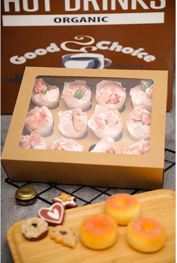 qiqee Auto-pop Up Cupcake Boxes with Window Brown 40PCS 12 Count Cupcake Box 13"x10"x3.5" Cupcakes Carrier, 12 Cupcake Containers with 2 rolls of pink ribbons - Image 8