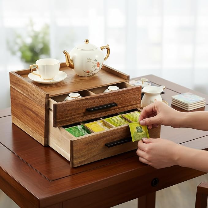 Acacia Wood Tea Bag Organizer with Gift Box, Double-Drawer Tea Box - Tea Accessories for Tea Organizer and Storage Box, Tea Station Chest Caddy for Countertop Cabinet Office(21-Compartment) - Image 8