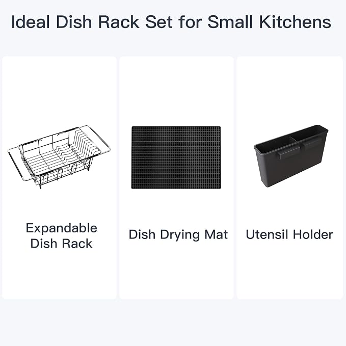 Dish Drying Rack Over The Sink with Utensil Holder, Mat | Expandable Stainless Steel Dish Drainer for Small Kitchen, Apartment, RV, Counter Space Saving, Perfect Fit, Rustproof - Image 9