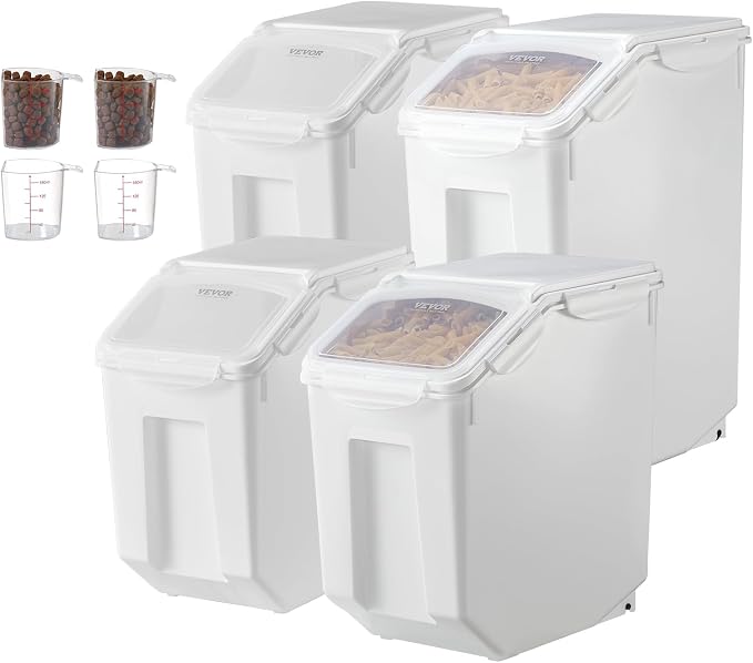 VEVOR Rice Storage Container, 3.5Gal/15Lx2 + 4.5Gal/20Lx2 Large Dog Food Dispenser Bin, Kitchen Ingredient Grain Cereal Bin, Pet food Containers with Wheels, 4 Measuring Cups, Airtight Lid, 4 Pack - Image 10
