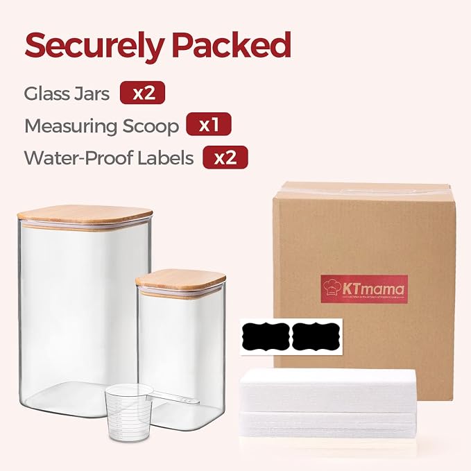 Glass Flour Containers with Bamboo Lids 1.6/4.6 Qt 2 Pack | Wide Mouth, Scoop Included, Kitchen Organizer,Flour Sugar Coffee Beans Pasta Cereal Dry Food Storage - Image 8