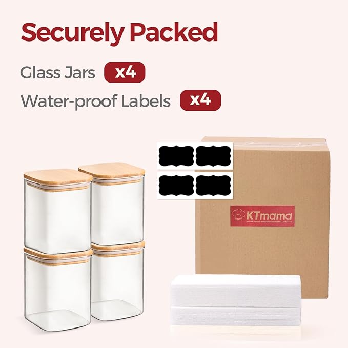 Glass Pantry Storage Containers with Bamboo Lids 1Qt 4 Pack Square | Pantry Organization, Coffee Beans Flour Sugar Pasta Cereal Dry Food Storage, Labels Included, Kitchen Organization - Image 8