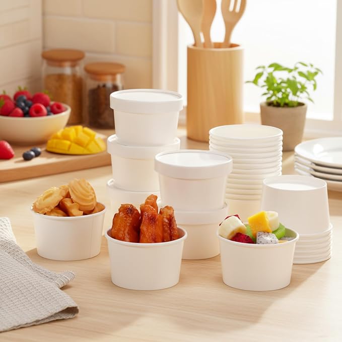Fulmoon 100 Pack Paper Soup Containers with Lids Disposable Paper Food Containers with Vented Lid Kraft Ice Cream Cake Dessert Cups Soup Bowl for Party Hot Food Fruit Microwave(5 oz,White) - Image 7