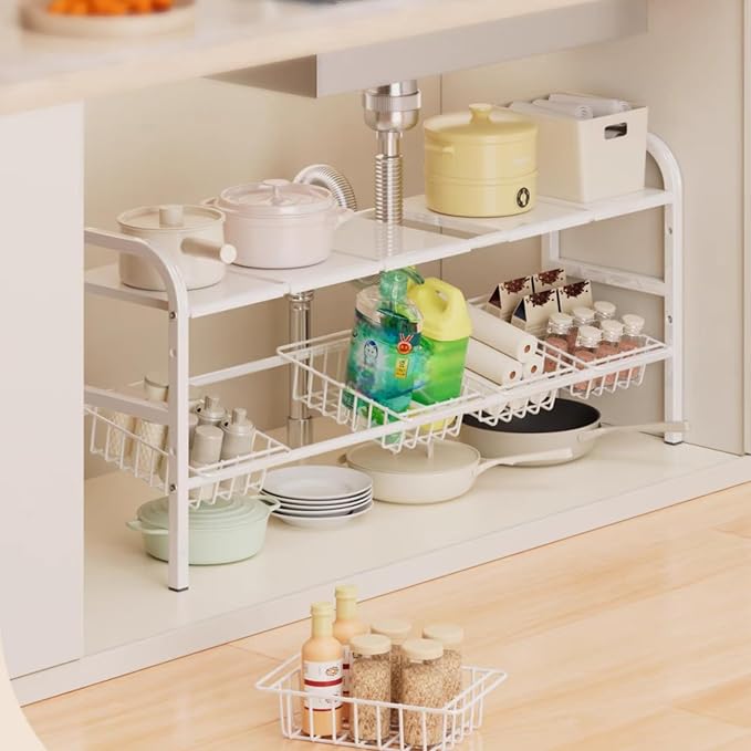 Under Sink Organizer,2 Tier Expandable Heavy Duty Metal Shelf,with 5 Removable Panels and 5 Storage Basket for Under Kitchen Bathroom Sink Organizers and Storage(White, Large) - Image 6
