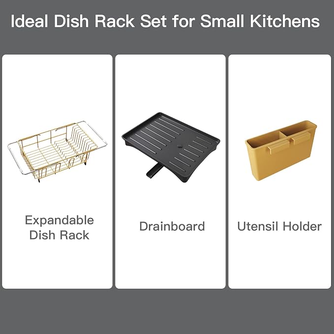 Gold Dish Drying Rack Over Sink with Utensil Holder, Drainboard | Expandable Stainless Steel Dish Drainer for Small Kitchen, Apartment, RV, Counter Space Saving, Perfect Fit, Rustproof - Image 9