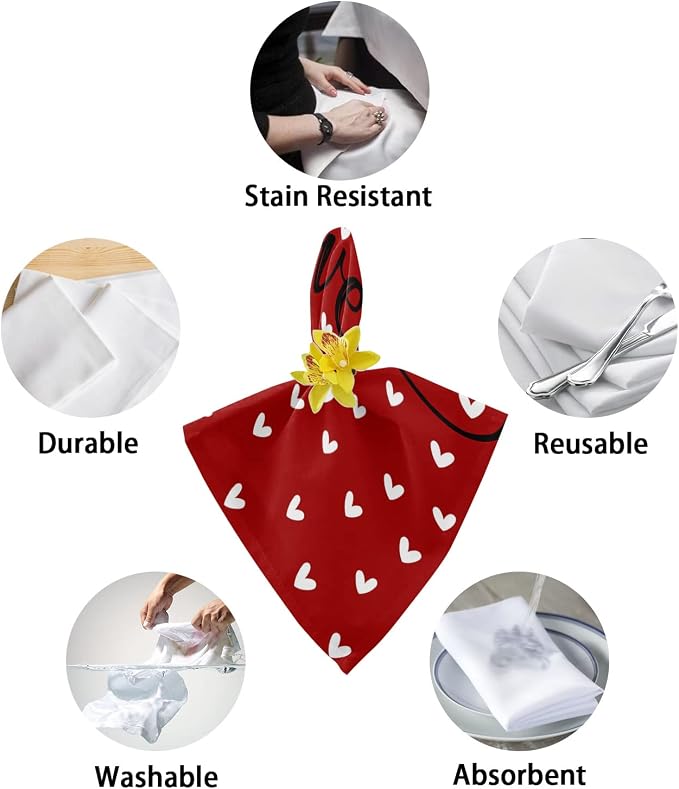 Kitchen Cloth Napkins 4 Pack Reusable Dinner Napkins Valentine's Day White Love Heart Red Texture Polyester Soft Smooth Fabric Table Napkin for Wedding Banquet Party Decoration (20x20 Inches) - Image 6