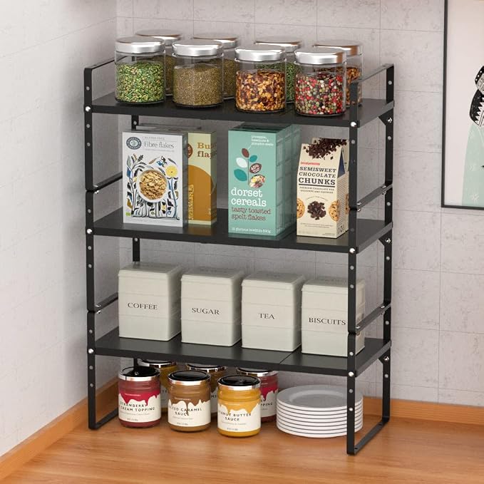 Slideep Expandable Cupboard Organizer,Large Kitchen Cabinet Organizer Stackable Shelf Organizer large Expandable Shelves, Counter Pantry Storage Organization, Black, 16" to27 L x 10" W, 3 pack - Image 5