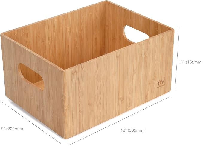 MobileVision Bamboo Storage Box Multi-Purpose Organizer for Kitchen Supplies Holder, Fruit Bin, Cabinets, Pantry with built in handles, stackable, 12” x 9” x 6” With White Clip Included - Image 8