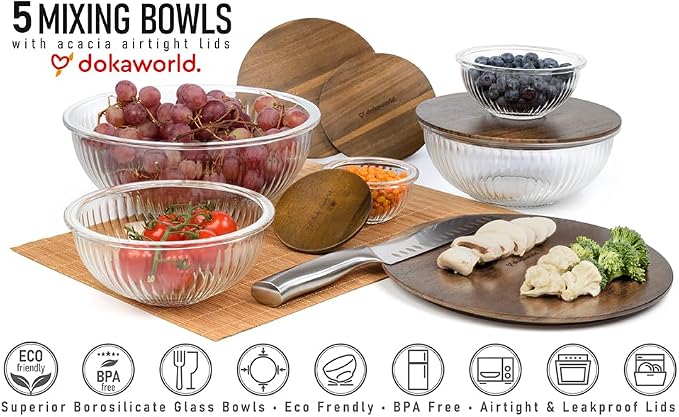 Stackable Space-Saving Set of 5 Nesting Glass Bowls with Acacia Lids for Foodprep, Storage, Mixing & Cooking - Microwave & Oven-ready BPA Free Durable Heat Resistant Inert Borosilicate Glass - Image 9