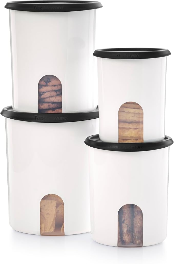 Tupperware One Touch Reminder Canisters 4 Canister Food Storage Set in White & Black, Dishwasher Safe and BPA Free, (4 Containers, 4 Lids) - Image 7