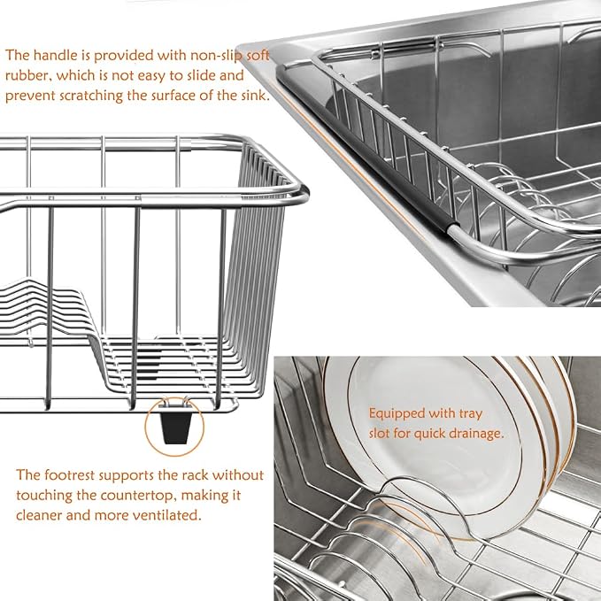 NiuYichee Stainless Steel Dish Drying Rack(15"L X 12.6"W X 4.7"H), Expandable Fruit & Vegetable Drain Rack over Sink, Dish Drainer Rack in Sink, with Stainless Steel Utensil Holder & Silicone Mat(16") - Image 8
