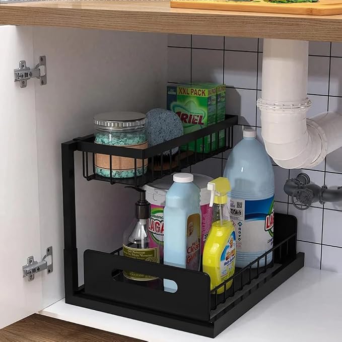 Under Sink Organizer 2-Pack Slide Out Drawer 2 Tier Storage Black Under Cabinet Kitchen Bath - Image 6