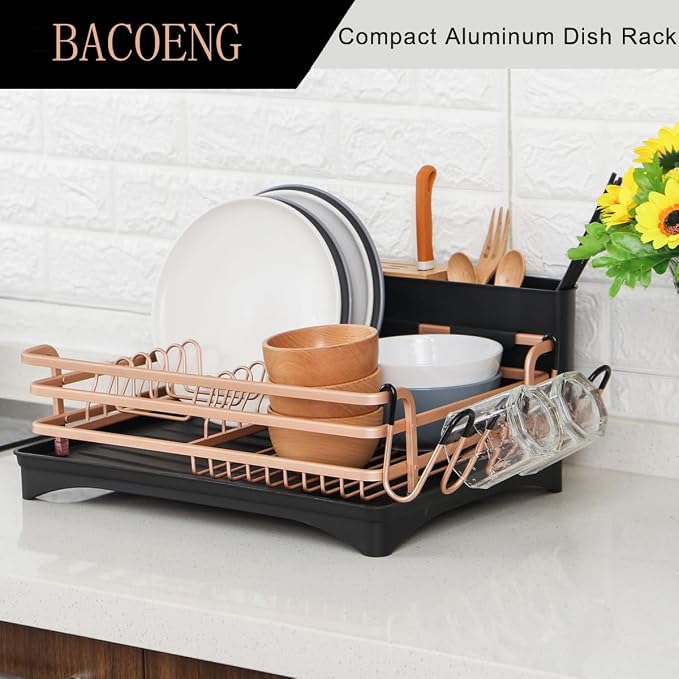 BACOENG Aluminum Dish Drying Rack,Never Rust Dish Rack with Removable Cutlery Holder & Cup Holder, 360° Swivel Spout Drain Board,Gold - Image 6