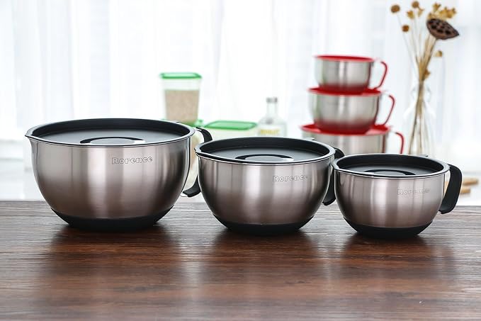 Stainless Steel Mixing Bowls Set with Lids,1.5,3 & 5 Qt,Black | Non-Slip Silicone Base,Precision Pour Spout,Ergonomic Easy-Grip Handle,Measurement Marks,Airtight Lids,Cooking & Meal Prep - Image 9