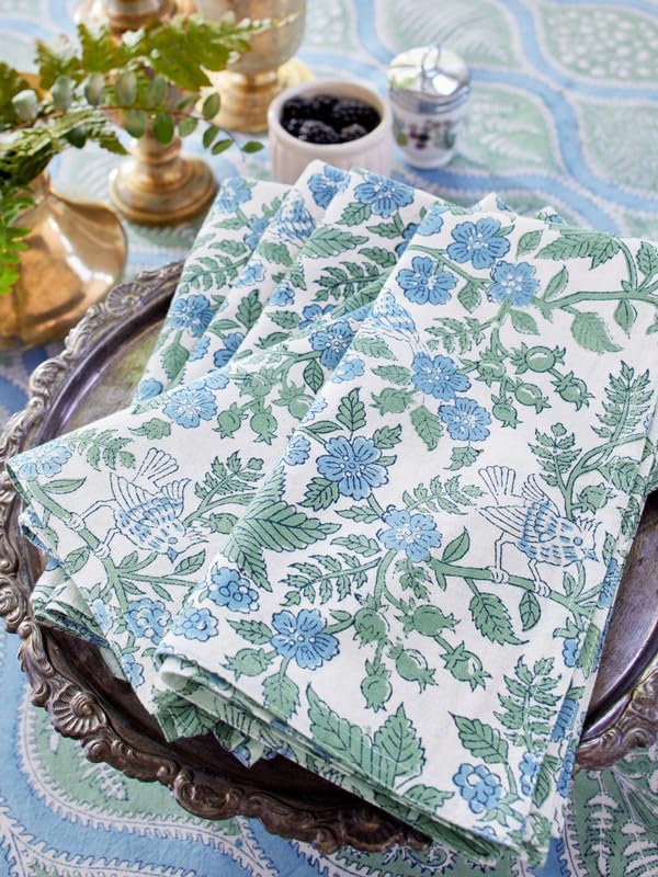 100% Blue Cotton Dinner Napkins, Set of 6, Hand Printed Woodland Ferns - CP Design, Fair Trade, Washable Cloth Napkins for Parties & Cocktails 20x20 in by SaffronMarigold
