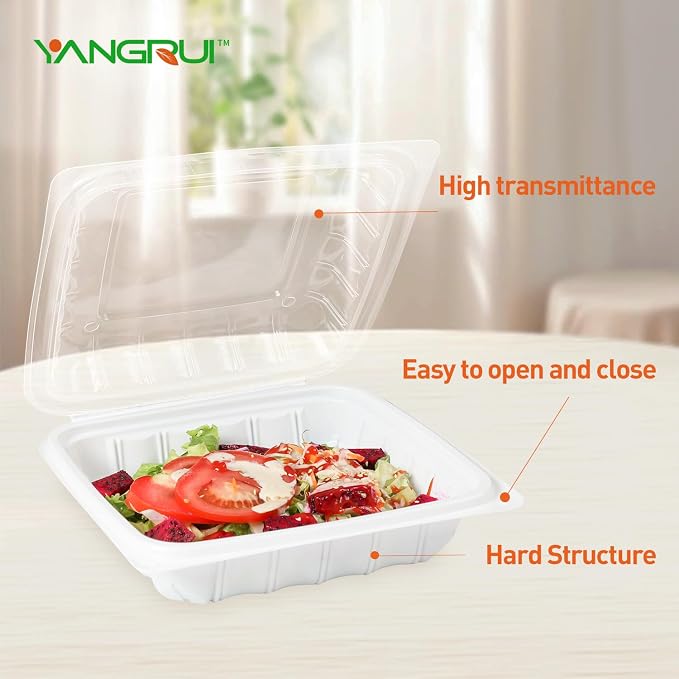YANGRUI 25-Pack 34 oz 8" Hinged Takeout Box, Shrink-Wrapped No Pre-Wash | Anti-Fog Crystal Lid, Leakproof BPA-Free Square Container, Microwave Safe for Ramen, Salads, Asian & American To-Go Meals - Image 7