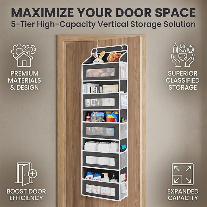 SakerPlus Five Tier Over The Door Organizer, Hanging Door Storage Organizer with Clear Windows and Side Pockets, Behind Door Storage for Bedroom Bathroom Pantry Nursery Closet (Grey) - Image 7