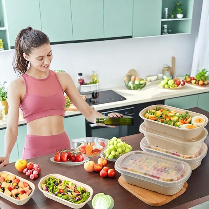 Aksipo 50 Pack 23 Oz Disposable Meal Prep Containers with Lids, Rectangle Paper Bowls with Lids for Salad,Leftovers, Leak-proof To Go Food Box Cardboard Lunch Box Compostable Take Out Food Containers - Image 7