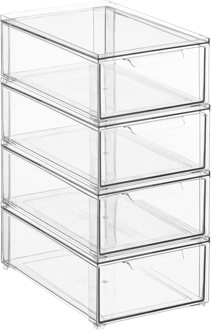 mDesign Plastic Stackable Bathroom Storage Organizer Bin with Pull Out Drawer for Cabinet, Vanity, Shelf, Cupboard, Cabinet, or Closet Organization - Lumiere Collection - 4 Pack - Clear - Image 9