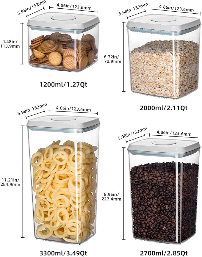 12 Pcs Pop Airtight Food Storage Containers with Lids for Kitchen Pantry Organization Stackable Cereal Snacks Flour Sugar Coffee Spaghetti (1.2, 2.0, 2.7, 3.3qt)*3 - Image 6