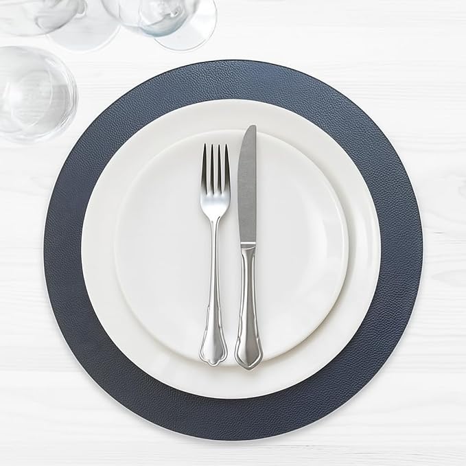 Morgan Faux Leather Set of 12 Placemats, 15" Round, Navy, Heat Resistant, Stain Resistant, Non-Slip, Reversible, Durable Table Mats for Kitchen, Dining Table, Indoor Washable Use - Image 8