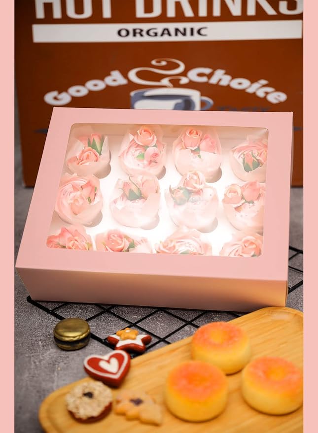 qiqee Auto-pop Up Cupcake Boxes with Window Pink 40PCS 12 Count Cupcake Box 13"x10"x3.5" Cupcakes Carrier, 12 Cupcake Containers with 2 rolls of pink ribbons - Image 8