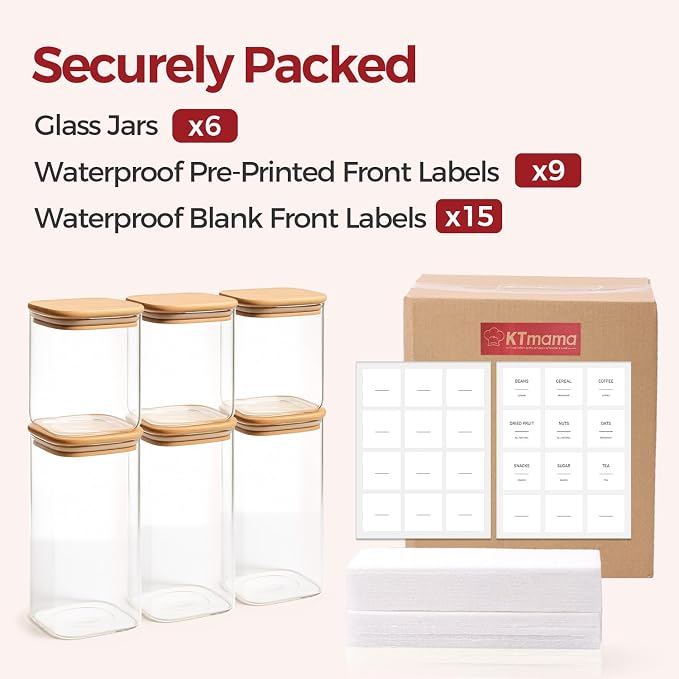 Glass Pantry Storage Containers with Lids 0.6/1.2/1.9 Qt 6 Pack | Pantry Organization, Square Stackable Design, Flour Sugar Coffee Beans Pasta Cereal Dry Food Storage,Kitchen Organizer - Image 8