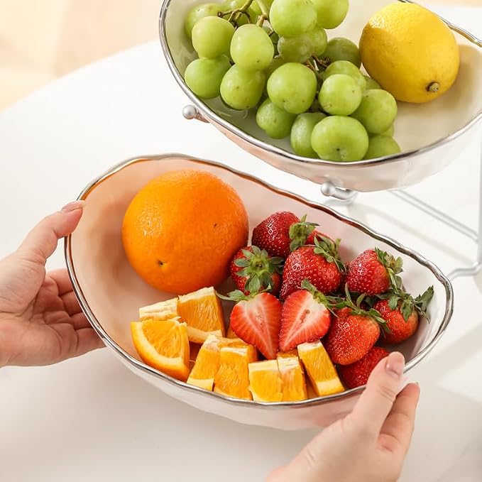 White Fruit Bowl with Gold Metal Stand, 3 Tier Modern Ceramic Fruit Bowl Fruit Rack for Kitchen Counter, Tiered Fruit Basket for Snacks Bread Candy Storage (White,3 Tier) - Image 5