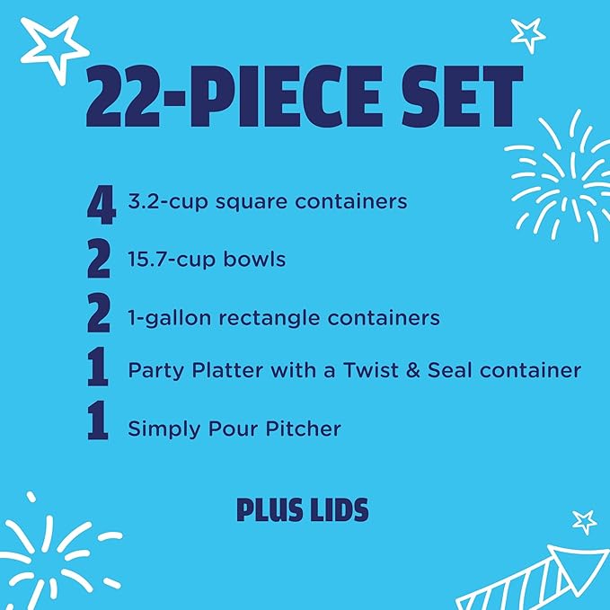 Rubbermaid TakeAlongs Special-Edition Americana 22-Piece Set of Food Storage Containers with Lids, Including Party Platter and Pitcher, QuikClik Seal, BPA-Free - Image 6