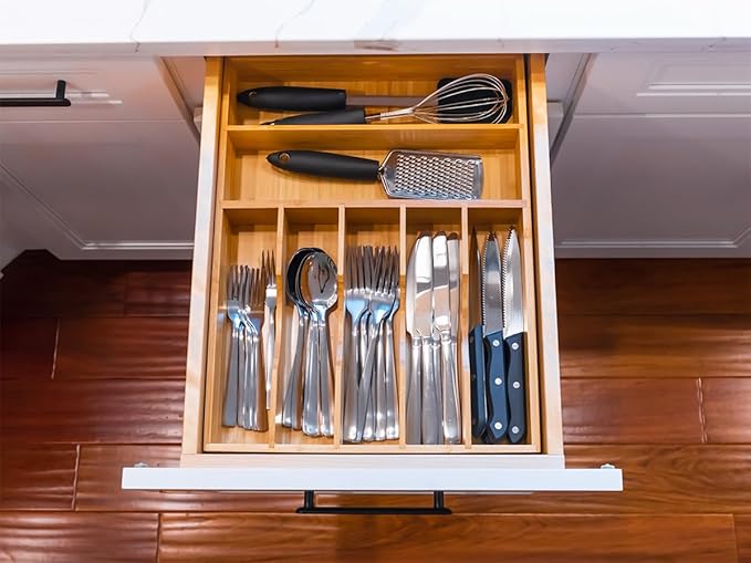 Kitchen Drawer Organizer, 12.5 Inch Silverware Utensil Tray Holder, Extra Deep, with Non-Slip Feet & Grooved Drawer Divider, 7 Slots Total Bamboo Wood Caddy for Flatware Cutlery Knives - Image 7