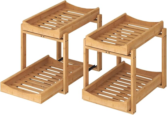 MHXW SXPN Bamboo Under Sink Organizer, 2 Pack Pull Out Cabinet Organizer | 2 Tier Vertical Smooth Slide Out Undersink Storage Shelf | Multi-Purpose Organizer Shelves for Kitchen Bathroom Medicine - Image 9