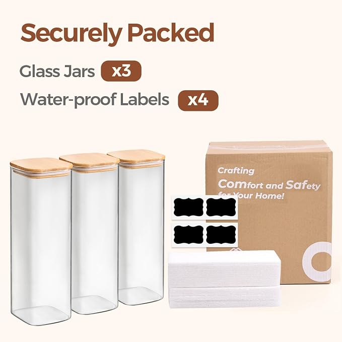 ComSaf Pasta Containers Storage 2.2 Qt, Spaghetti Jar, Set of 3 Tall Jars | Glass Storage Containers wtih Lids, 11.3-inch High Glass Kitchen Canisters Square, Cereal, Noodles, Oats, Dry Food, BPA Free - Image 8