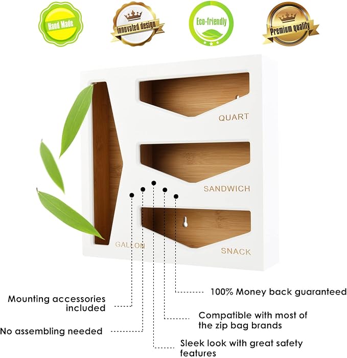 Bamboo Bag Storage Organizer for Kitchen Drawer, Baggie organizer, Compatible with Gallon, Quart, Sandwich and Snack Variety Size Bags (White) - Image 6