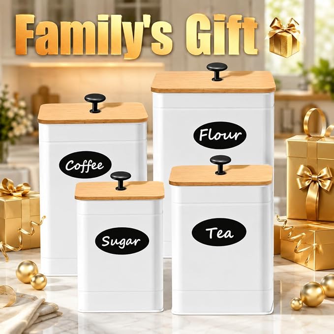 Kitchen Canister Set of 4, White Airtight Metal Flour Sugar Containers | 4 Practical Capacities, Flat Bamboo Lids, Wide Openings, Reusable Chalkboard Labels & Marker, Countertop and Pantry Organized - Image 7
