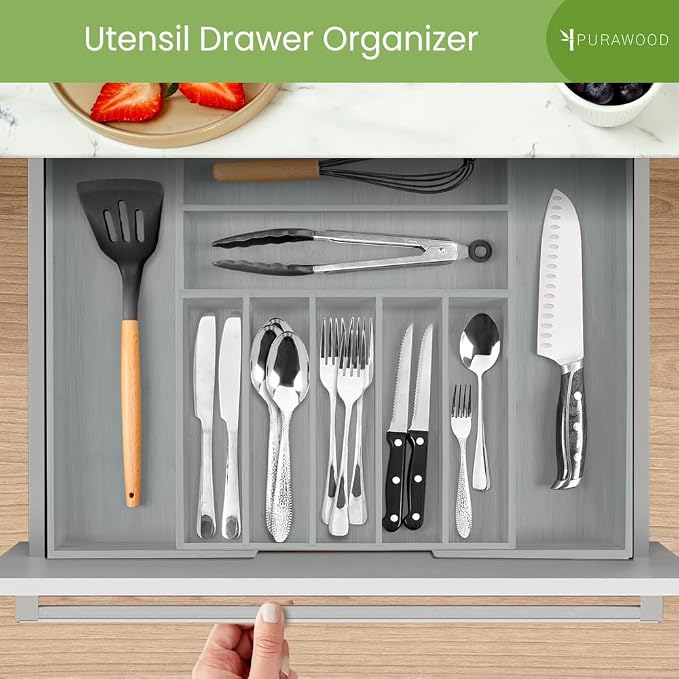 Purawood Bamboo Drawer Organizer - Expandable Silverware Organizer & Utensil Organizer, Cutlery Tray with Dividers, 7-9 Slots - Premium Kitchen Drawer Organizer for Utensils & Flatware (Grey) - Image 5