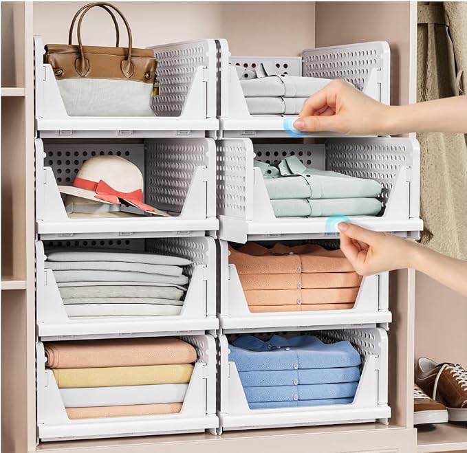 4 Pack Stackable Closet Storage Basket - Stackable Storage Bins | Multifunctional & Foldable Closet Organizer Waterproof, Wardrobe Cupboard Space-Saving Storage Drawer Organizer - Image 6