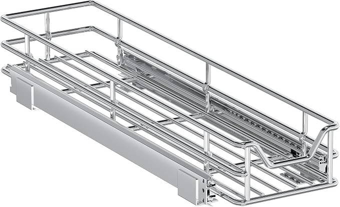 Pull Out Cabinet Organizer, 5.5" W x 21.5" D, Heavy Duty Chrome Slide Out Shelf for Narrow Base Cabinets, Sliding Wire Basket Drawer for Spices, Bottles, Snacks & Cleaning Supplies - Image 9