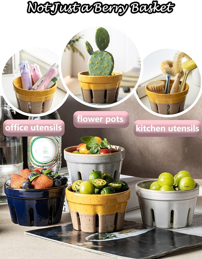 Gomakren Ceramic Berry Bowls with Holes Set of 2 for Fridge Yellow + Brown | Drain holes keep berries fresh, stackable, wash & serve, round strawberry basket for fridge kitchen counter, lovely home gift - Image 9