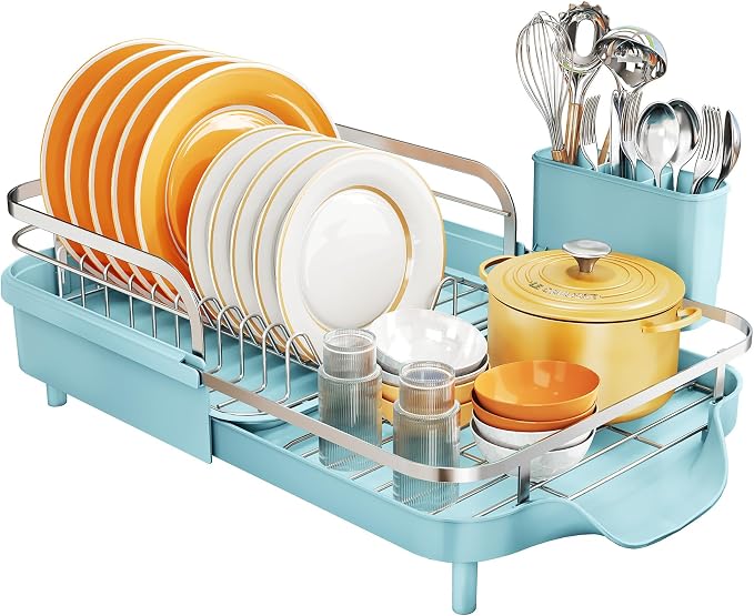 SNTD Expandable Dish Drying Rack for Kitchen Counter, 15.2-22.1 in, Blue | Rust-Resistant Stainless Steel, Protective Side Rails, Self-Draining Drainboard, Removable Utensil Holder - Image 8